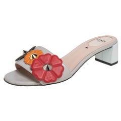 Fendi Grey Leather Flowerland Embellished Block Heel Slide Sandals Size 35
