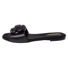 Chanel Black Leather Camellia Embellished CC Slide Flats Size 38.5