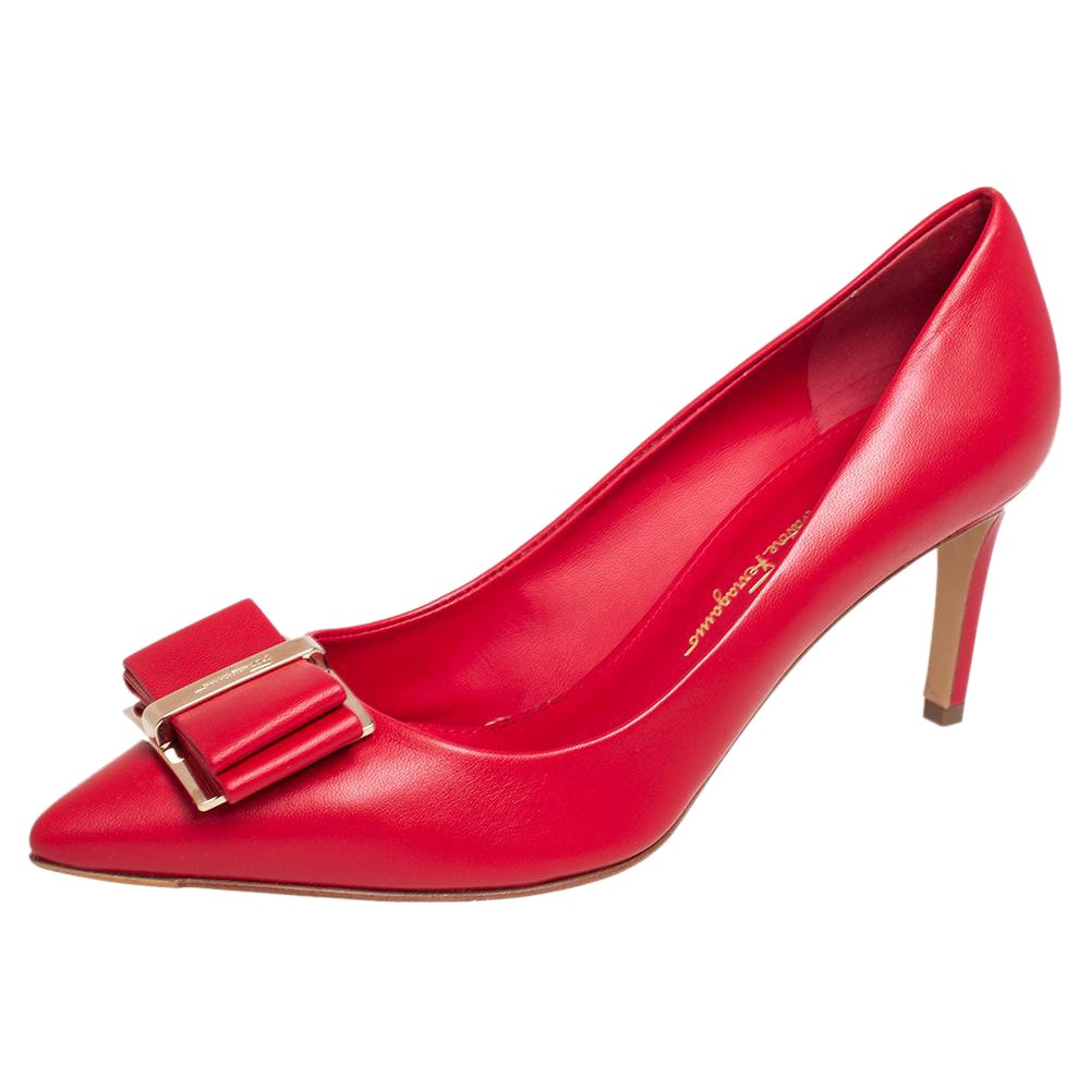 Salvatore Ferragamo Red Leather Vara Bow Pointed Pumps Size 38