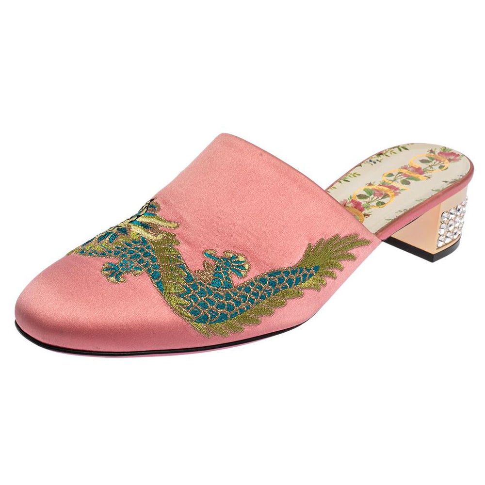 Gucci Pink Satin Dragon Embroidery Mule Sandals Size 38.5