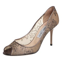 Jimmy Choo Metallic Bronze Lace Evelyn Peep Toe Pumps Size 38.5