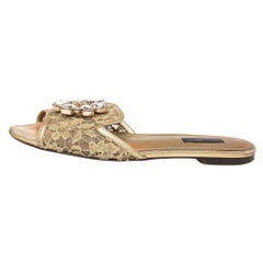 Dolce & Gabbana Gold Lace Sofia Crystal Embellished Slide Flat Sandals Size 38