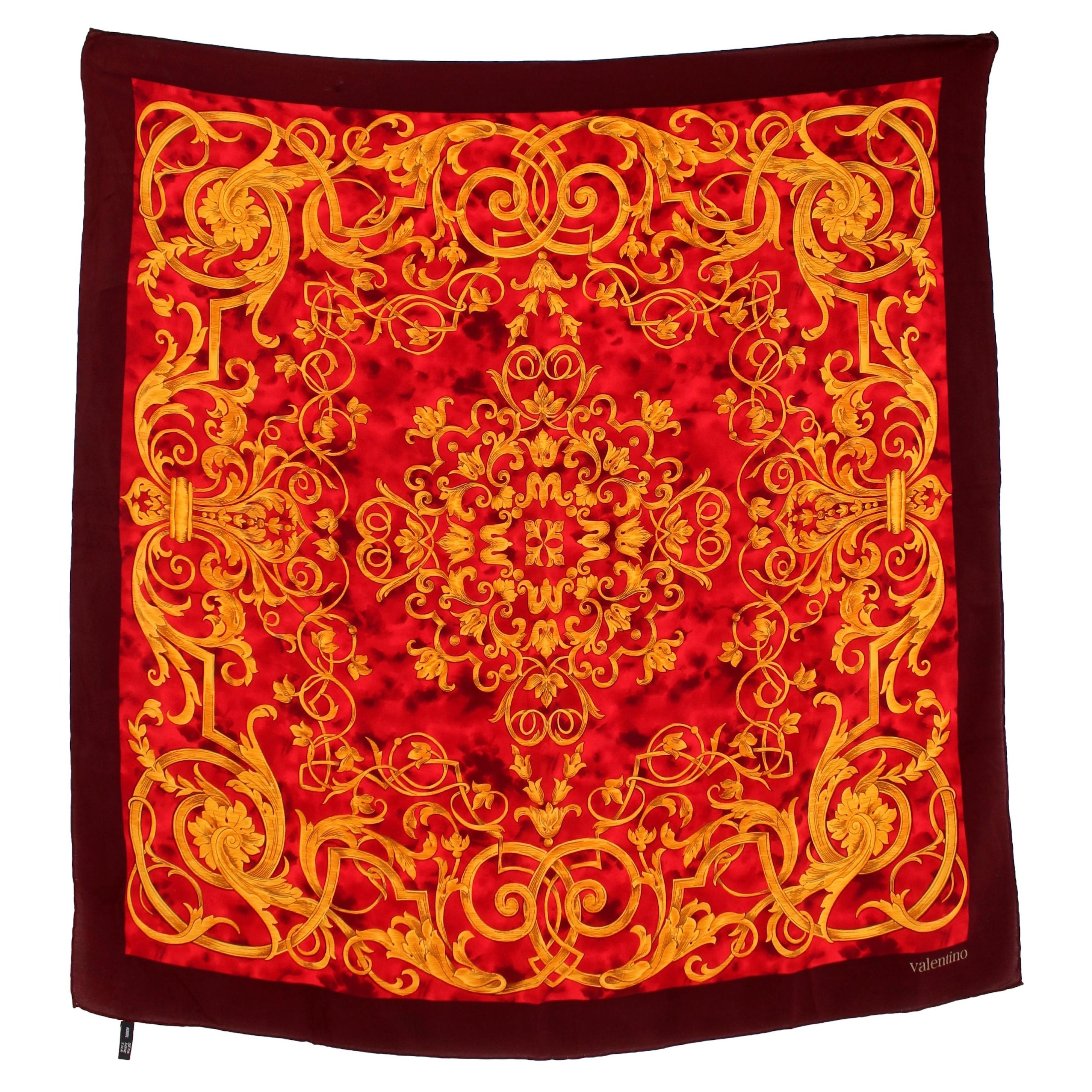 Valentino Gold Red Brown Silk Floral Scarf