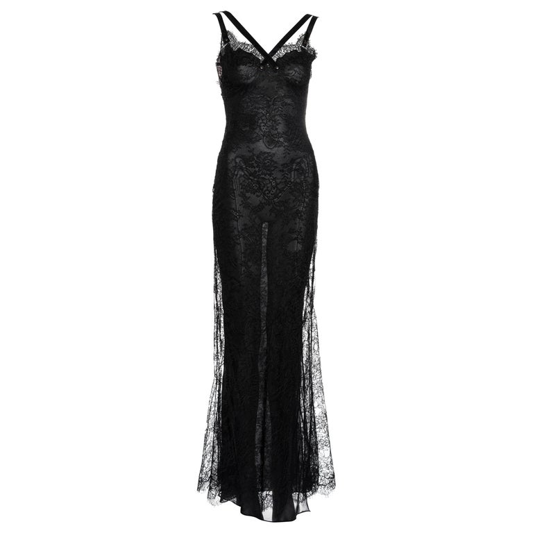 Christian Dior by John Galliano black lace and silk evening maxi dress ...