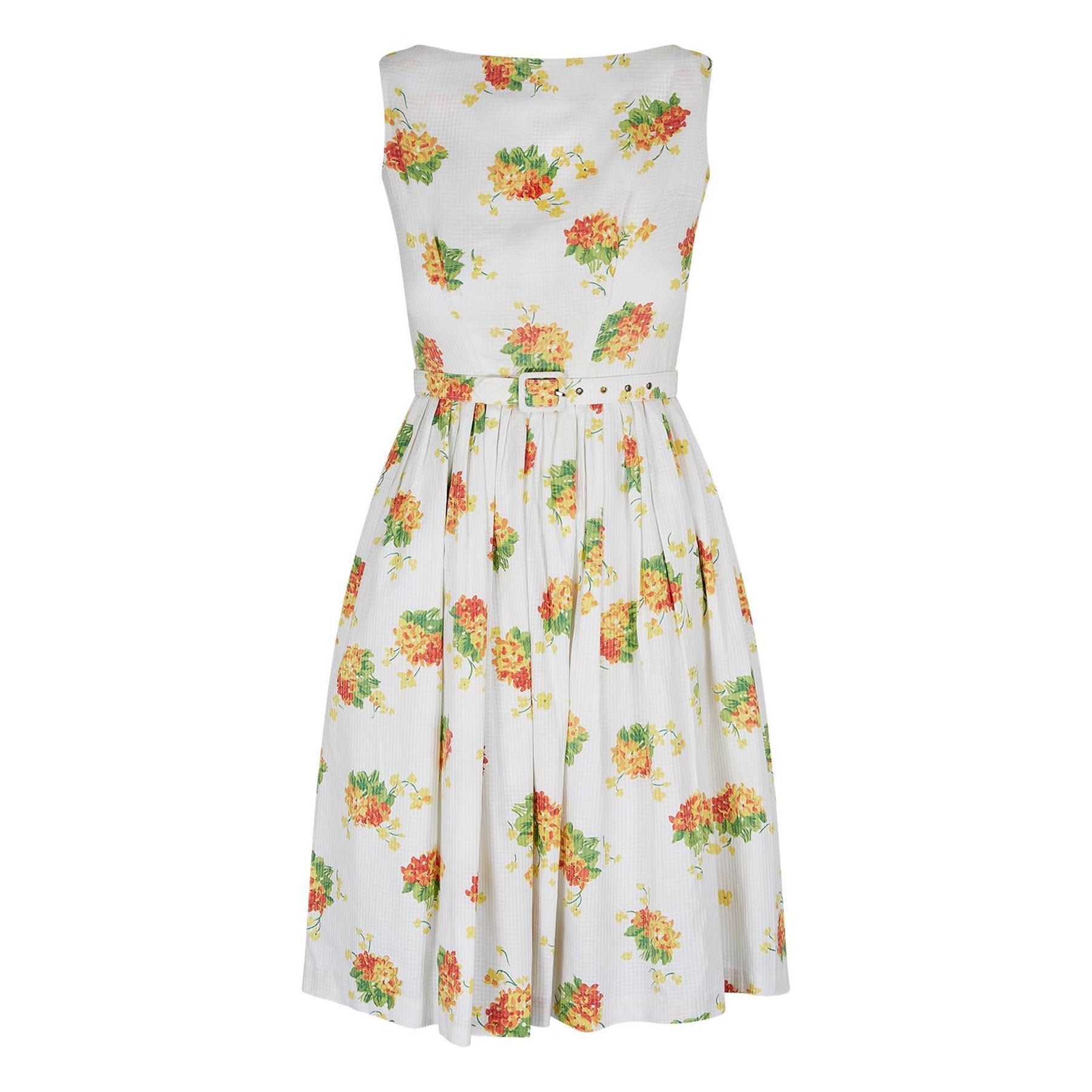 1960s Rhona Roy Waffle Cotton Floral Print Dress with Belt For Sale