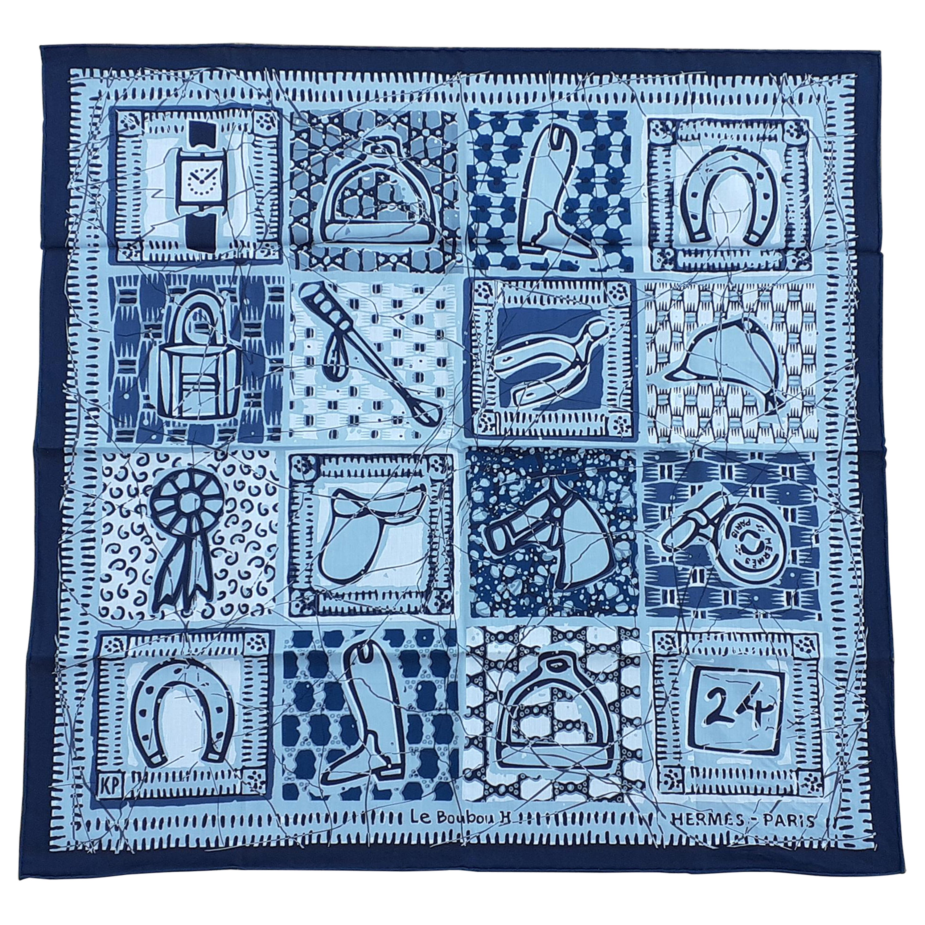 Hermès Cotton Scarf Carré Le Boubou H  Blue Grey Horse Pattern Texas 65 cm For Sale