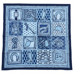 Hermès Baumwollschal Carré Le Boubou H  Blau-graues Pferdemuster, Texas, 65 cm