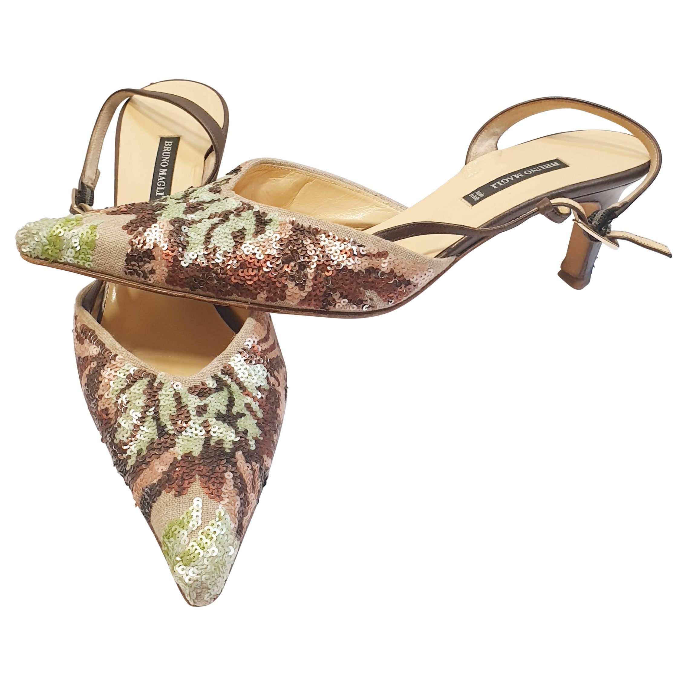 Beige heeled sandals with sequins by Bruno Magli