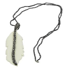 Long Carved Horn Feather and Hematite Drop Pendant Necklace