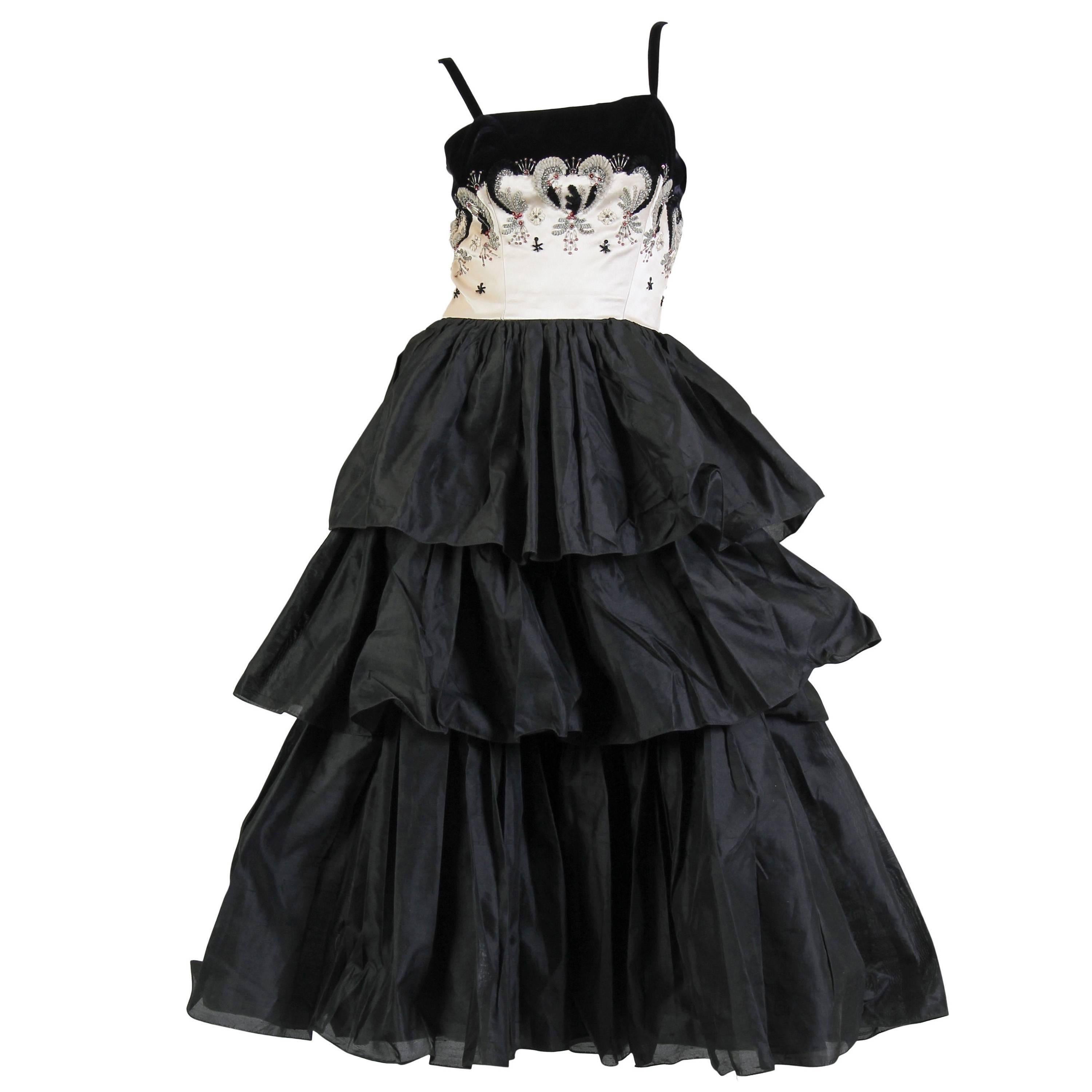 1950S FONTANA COUTURE Black & White Silk Dupioni Tiered Skirt Gown With Velvet  For Sale