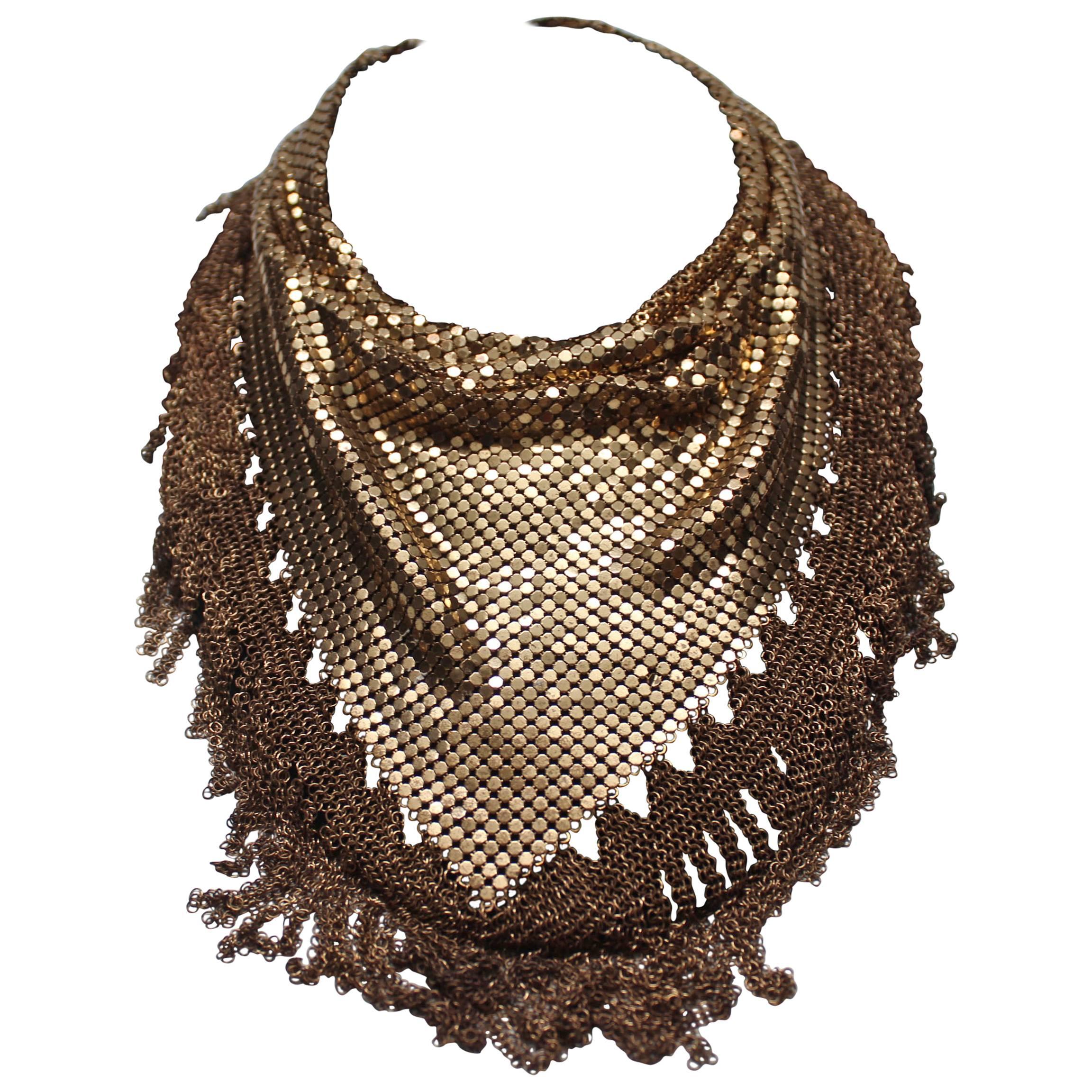 Vintage 1940s Unique Mesh Chain Bib Necklace with Chain Fringe