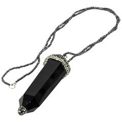 Long Facet Onyx Crystal and Hematite Drop Pendant Necklace