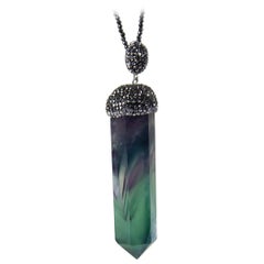 Faceted Multi-Colored Quartz Crystal and Hematite Long Drop Pendant Necklace