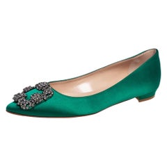 Manolo Blahnik Green Satin Hangisi Flats Size 35