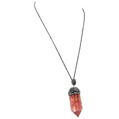 Long Facet Pink Quartz Crystal and Hematite Drop Pendant Necklace