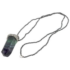 Faceted Quartz Crystal and Hematite Pendant Necklace Estate Fine Jewelry