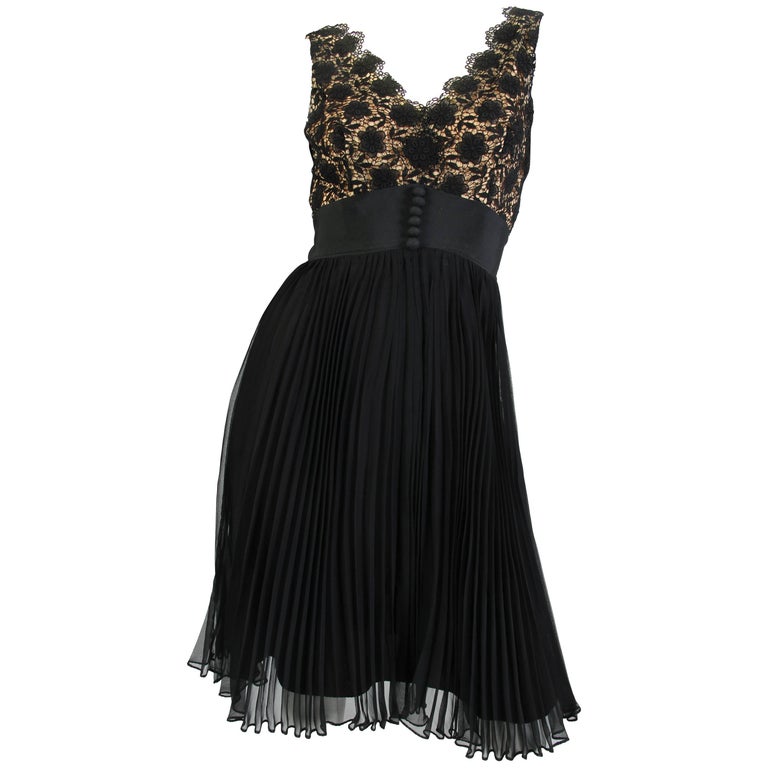 1960s Black Lace and Pleated Chiffon Cocktail Dress at 1stDibs