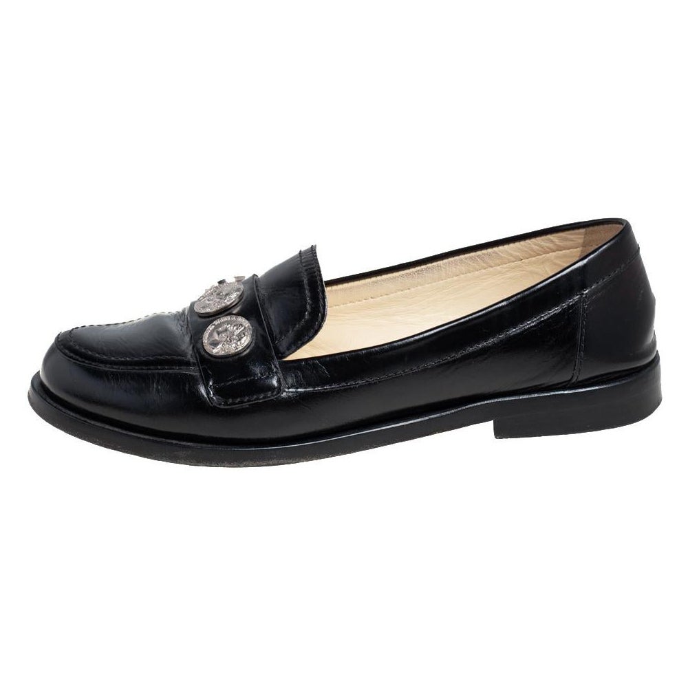 Chanel Black Leather Coin Embellished Slip On Loafers Size 37