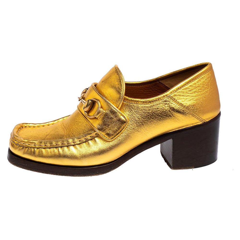 Gucci Gold Leather Horsebit Vegas Loafers Pumps Size 37