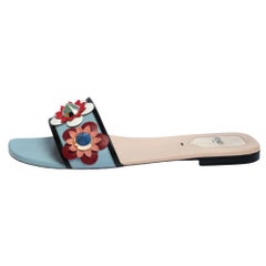 Fendi Blue/Beige Leather Flowerland Flat Sandals Size 39.5