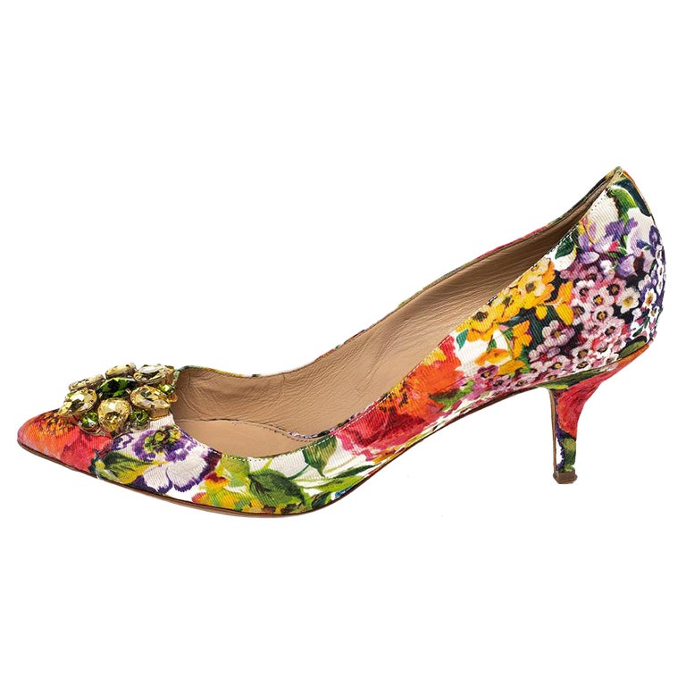 Dolce and Gabbana Floral Print Brocade Fabric Crystal Embellished Pumps ...