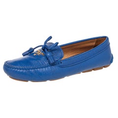 Prada Blue Leather Tassel Bow Slip On Loafers Size 37