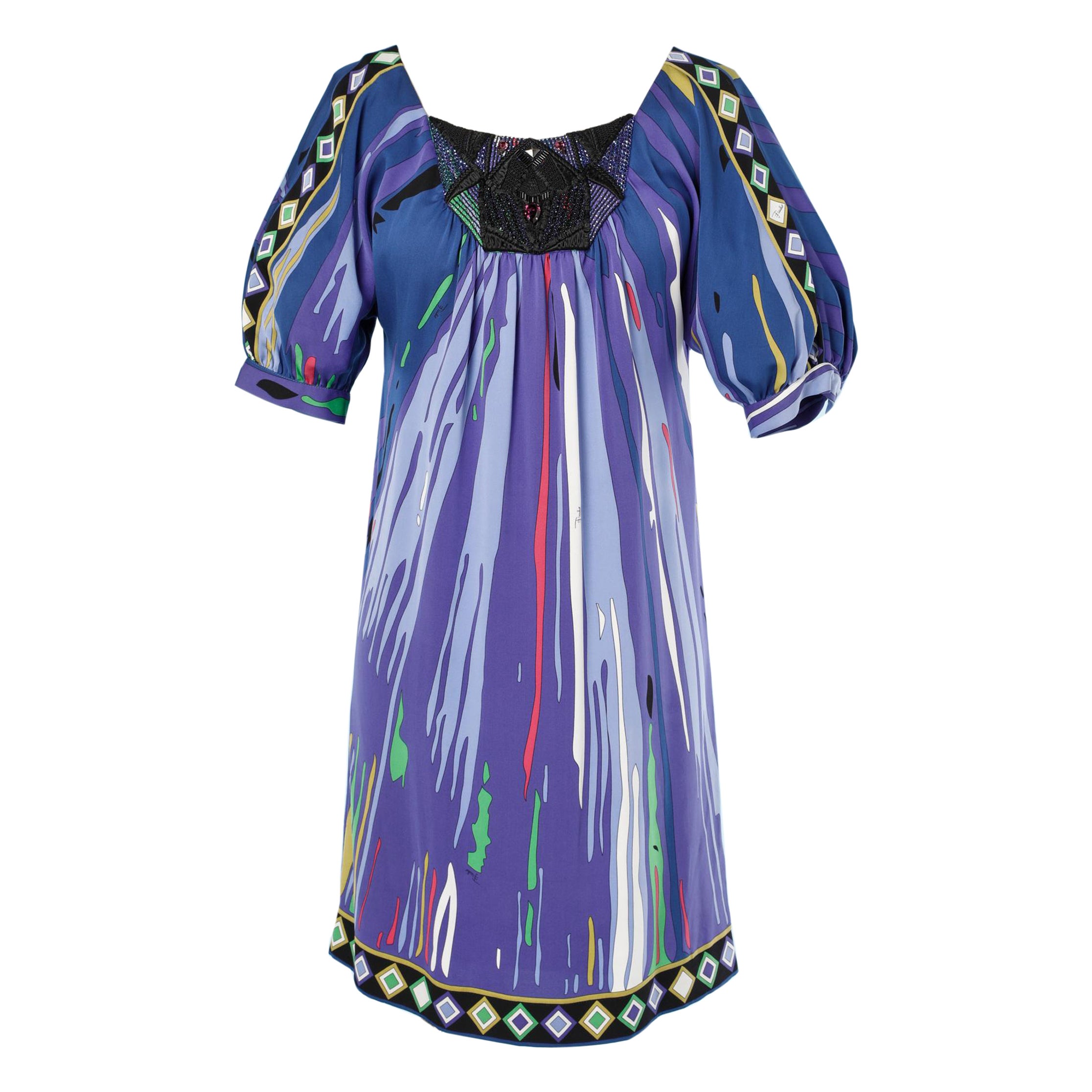 Multicolor printed dress with beaded work and embroidered Emilio Pucci 