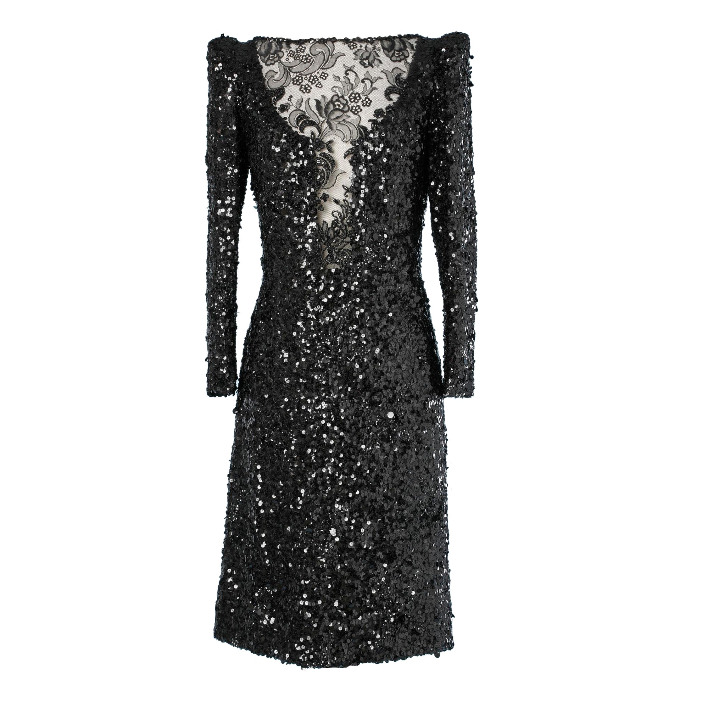 Black sequin and lace cocktail dress Galanos  For Sale