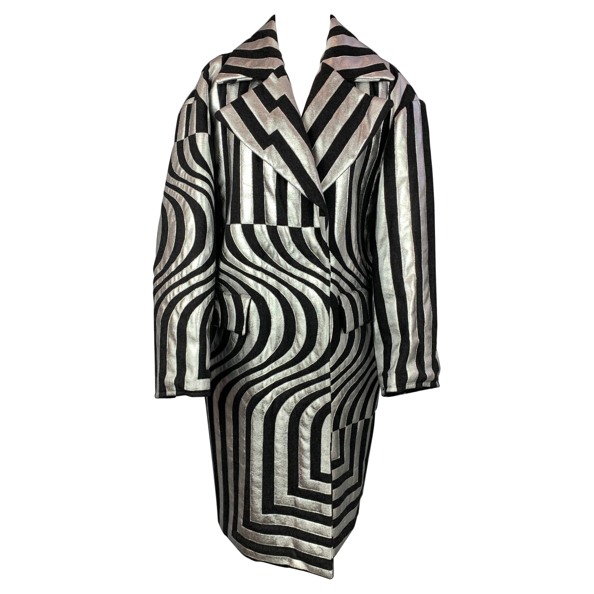 DRIES VAN NOTEN FW 14 Size S Black & Silver Stripe Wool Blend Oversized Coat