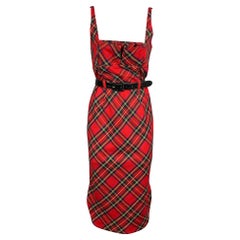 LAMB Size 10 Red Wool Plaid Faux Patent Leather Belted Dress