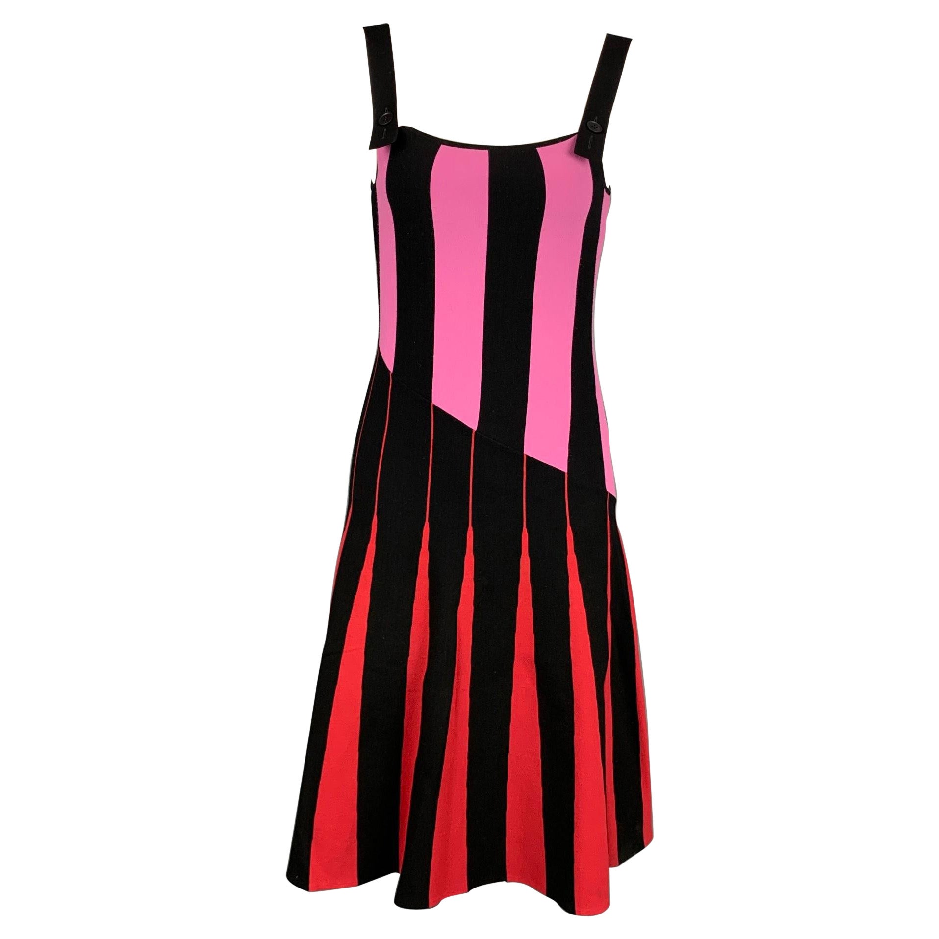 TOMAS MAIER Size 2 Black & Red Viscose / Polyester Stripe Mid-Calf A-line Dress