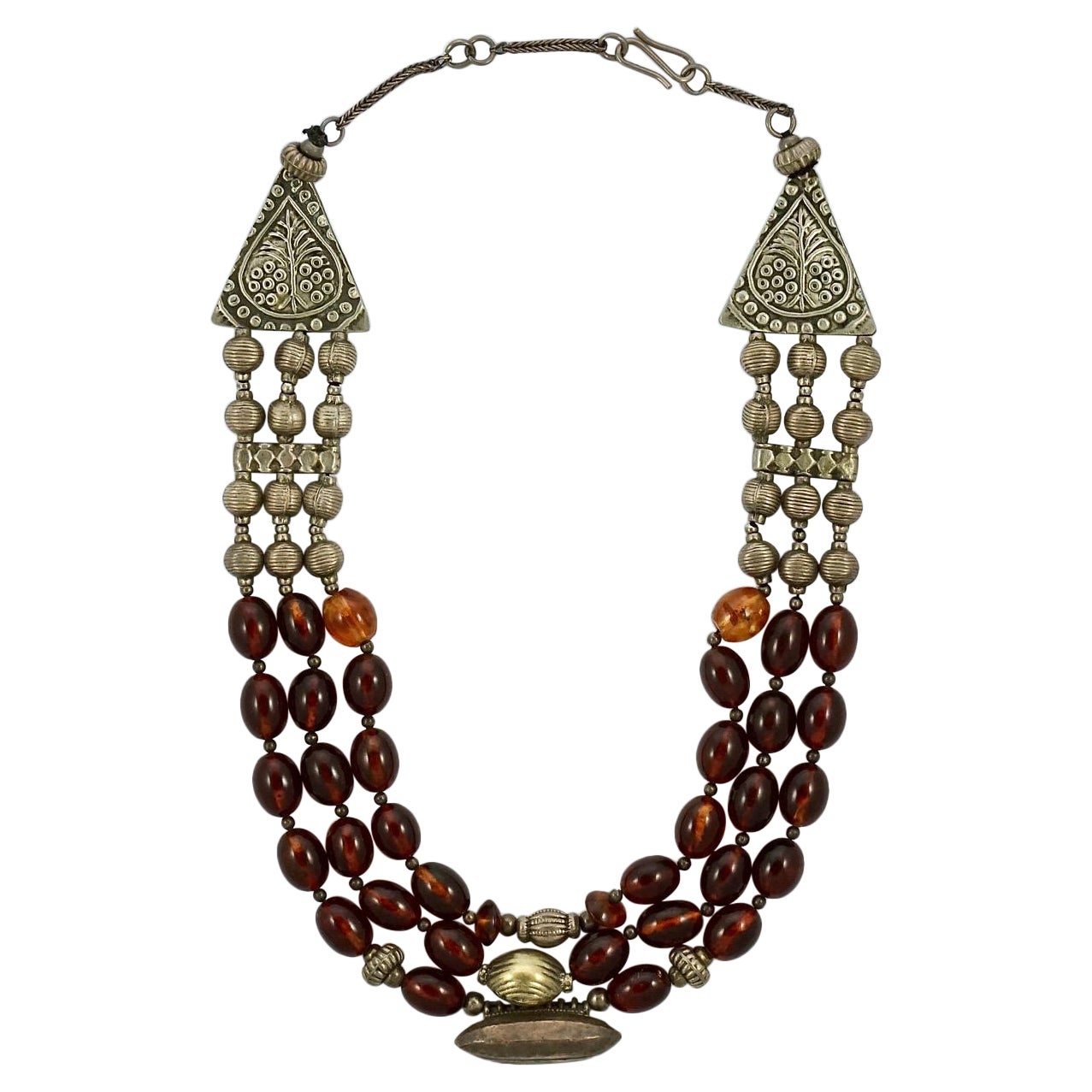 Hand Made Silver Tone and Triple Strand Polished Cognac Amber Bead Necklace For Sale