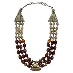 Used Hand Made Silver Tone and Triple Strand Polished Cognac Amber Bead Necklace