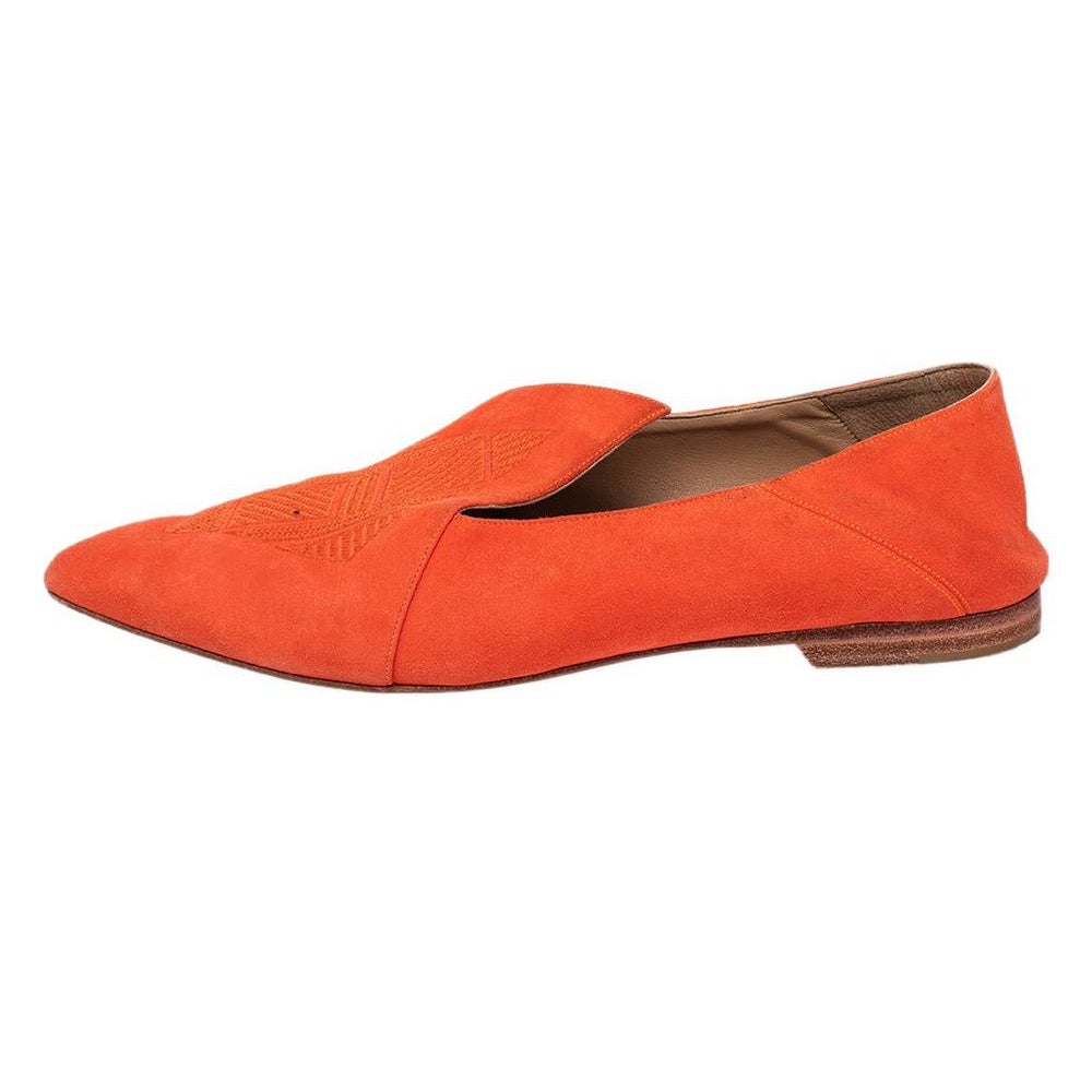 Hermes Orange Suede Logo Embroidered Pointed Toe Smoking Slippers Size 41