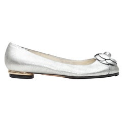  Chanel Silver Camellia Crackle Leather Ballet Flats