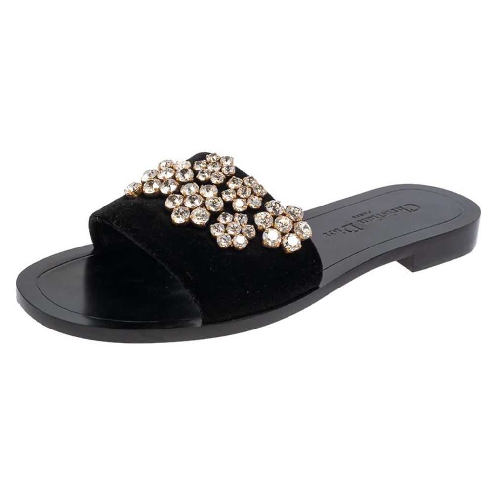 Dior Black Velvet Crystal Embellishment Flat Sandals Size 37.5