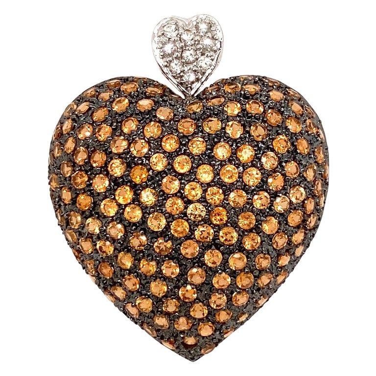 Tangerine Garnet and White Sapphire Gold Heart Pendant For Sale at 1stDibs