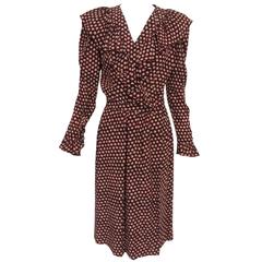 Yves St Laurent silk ruffle trim print wrap dress 1970s