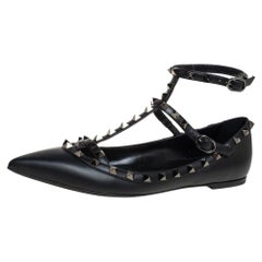 Valentino Black Leather Rockstud Ankle Strap Ballet Flats Size 39.5