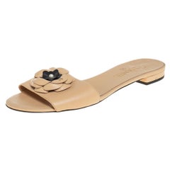 Chanel Beige Leather Camellia Open Toe Slide Sandals Size 40.5