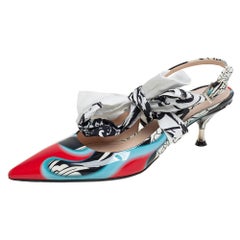 Prada Multicolor Printed Leather Scarf Bow Slingback Sandals Size 37