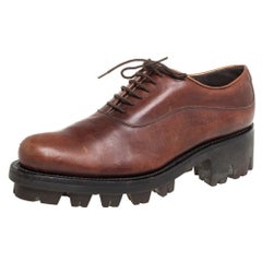 Prada Brown Leather Lug Sole Lace Up Oxford Size 38.5