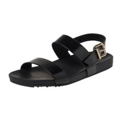 Fendi Black Leather Open Toe Slingback Flat Sandals Size 40