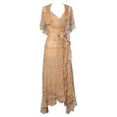 1930 Calais lace, chiffon and Rococo embroideries wrap dressing gown