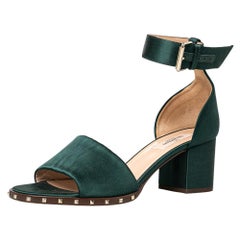Valentino Green Satin Studded Block Heel Ankle Strap Sandals Size 38.5