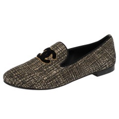 Chanel Shimmery Black Fabric CC Smoking Slippers Size 36.5