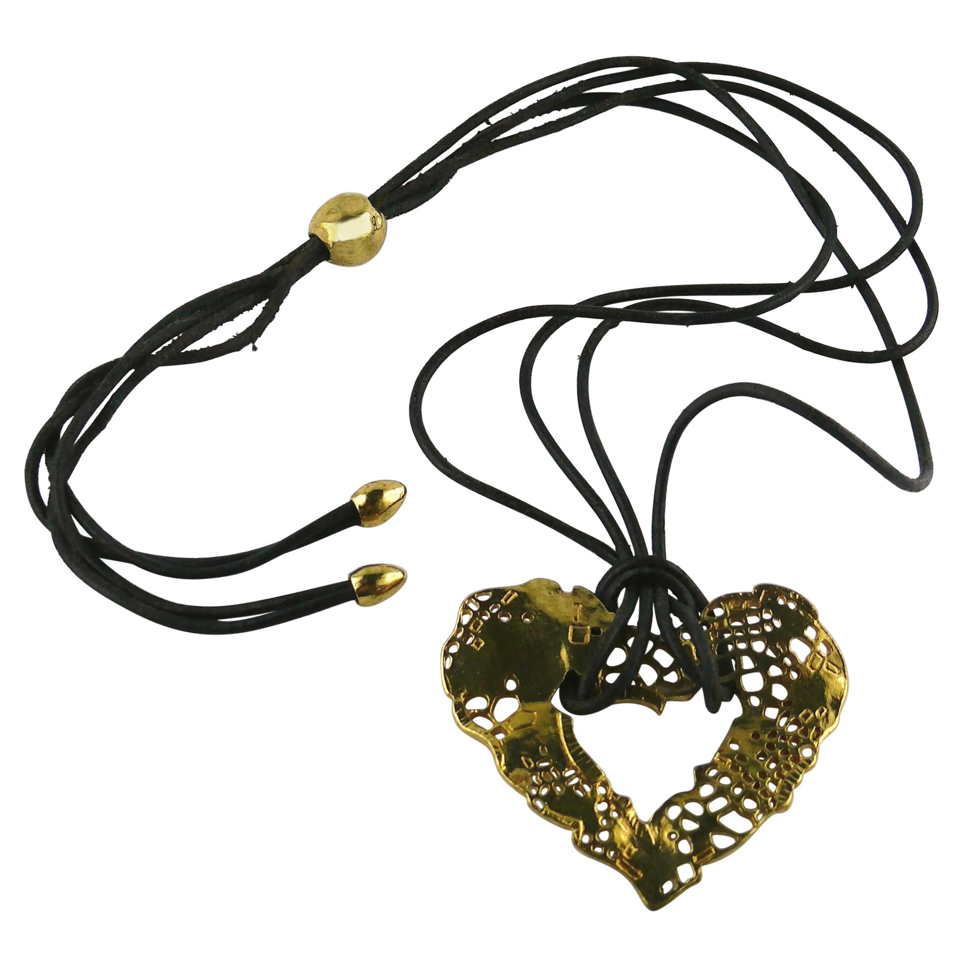 Christian Lacroix Vintage Gold Toned Perforated Heart Pendant Necklace For Sale