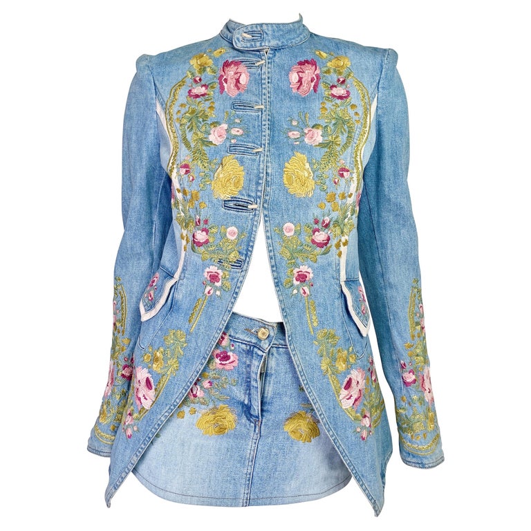 Roberto Cavalli Spring 2003 Embroidered Denim Coat with Skirt For Sale ...