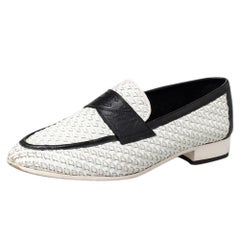 Chanel White/Black Woven Leather Slip On Loafers Size 38