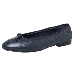 Chanel Blue Quilted Leather CC Bow Ballet Flats Size 36